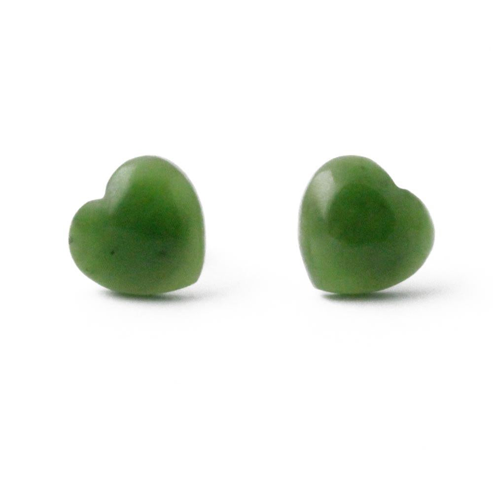 Two green jade heart stud earrings with metal posts visible from behind
