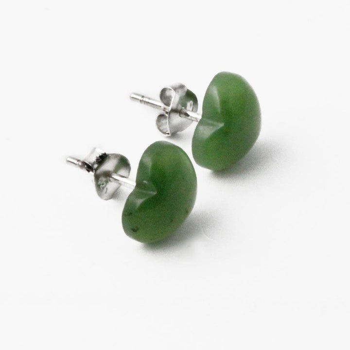 Green jade heart stud earrings with silver butterfly backs