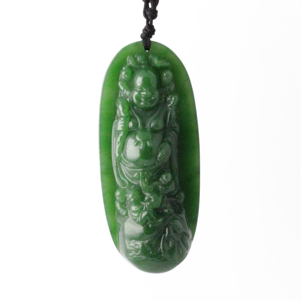 AA Siberian Jade Buddha Pendant carved Buddha on a green jade oval pendant with a black cord