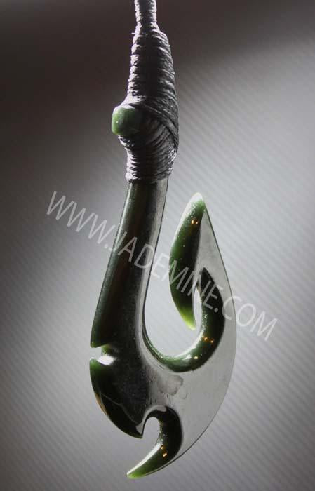 Jade Pendant, Fish Hook HNW-3750 Black Australian / Wood Gift Box