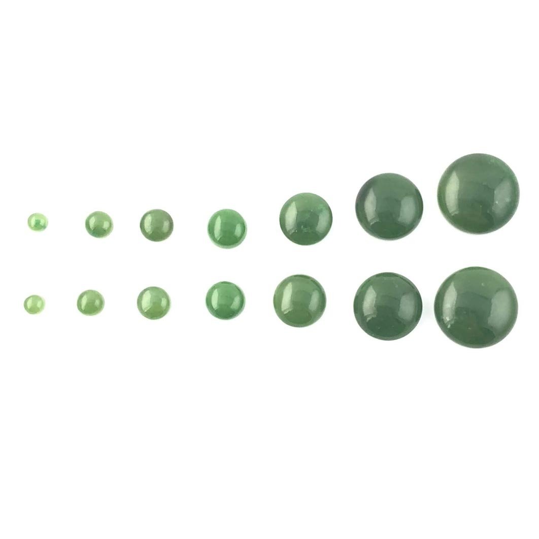 Assorted A Grade round green jade cabochons in multiple sizes arranged on a white background