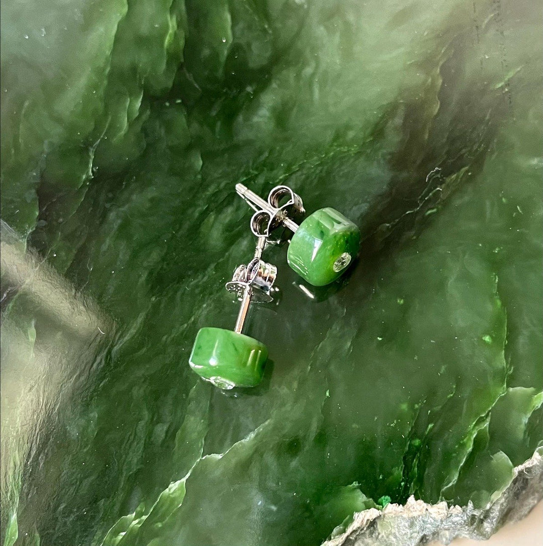 Silver post earrings with bright green jade beads and butterfly backs