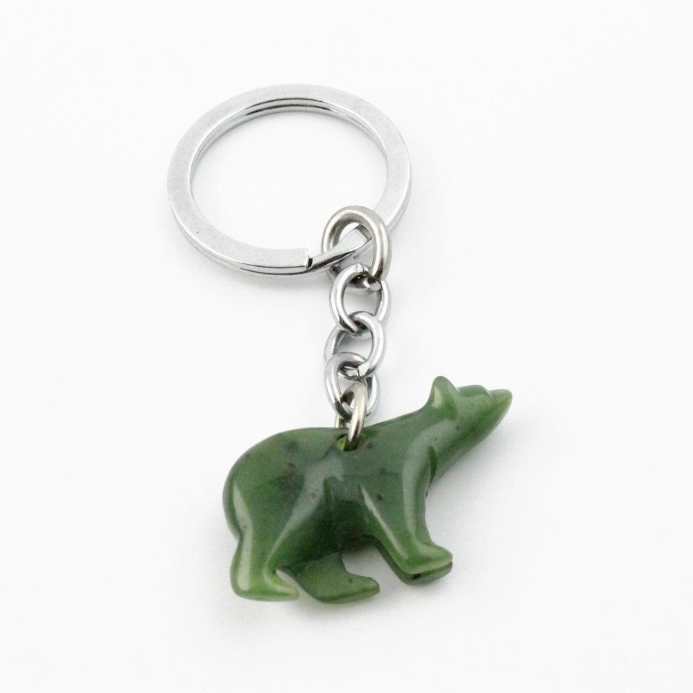 Green polar bear charm attached to a silver keyring by a short chain.