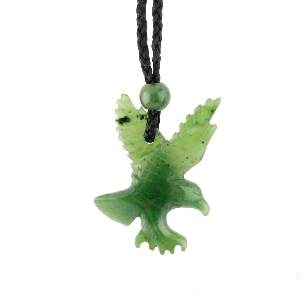 Green jade eagle pendant on a braided black cord with a green bead