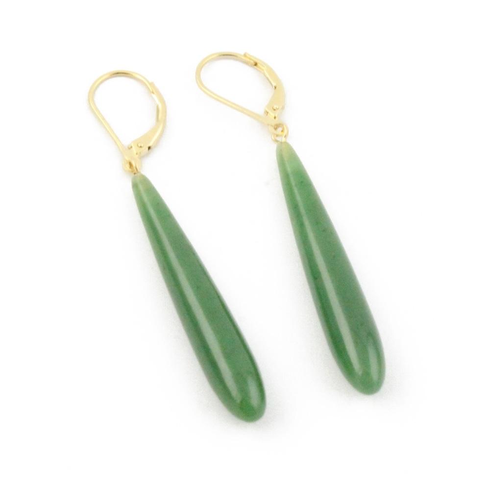 Long jade drop earrings with gold lever-back closures on white background.
