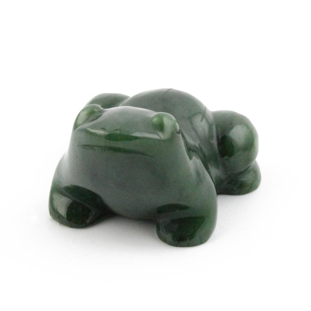 Back view of two glossy dark green frog figurines