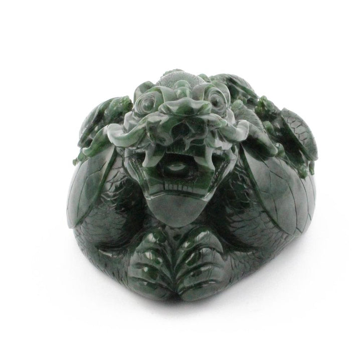 Top-view of jade dragon turtle showing the dragon head and detailed shell scales