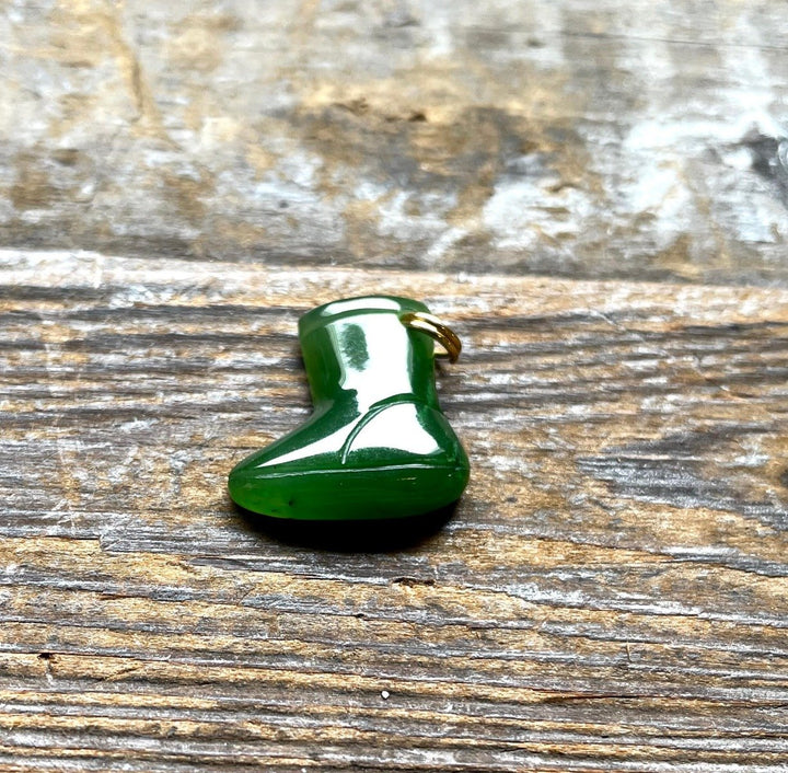 Green jade snow boot charm with a small gold jump ring