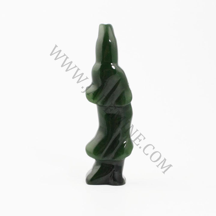 Side profile of dark green jade Guanyin statue, 3 inches tall