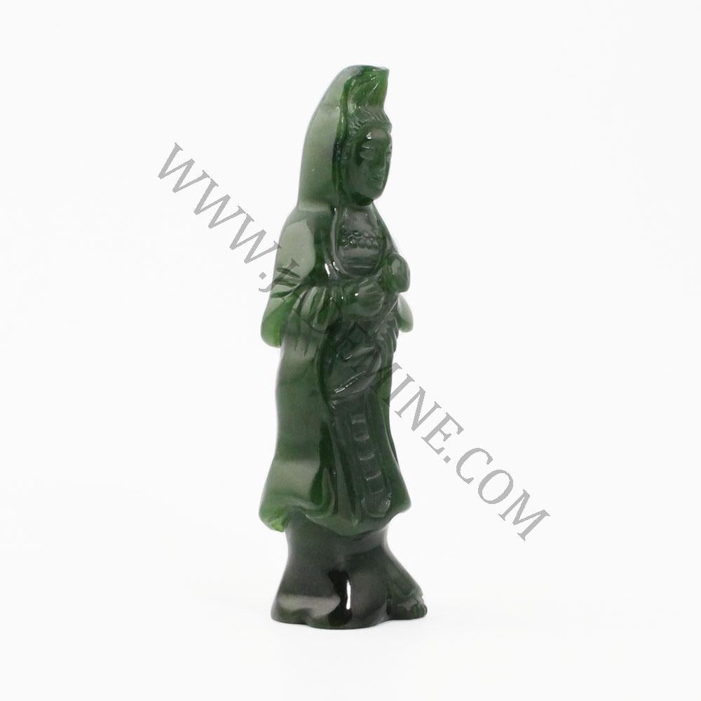 Guanyin statue carved from dark green jade, 3 inches tall, standing with hands clasped at chest