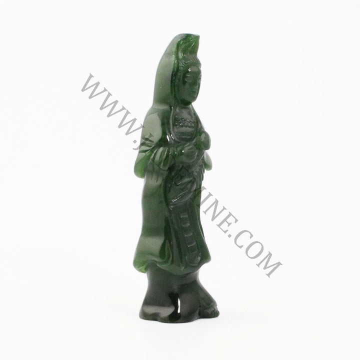 Guanyin statue carved from dark green jade, 3 inches tall, standing with hands clasped at chest
