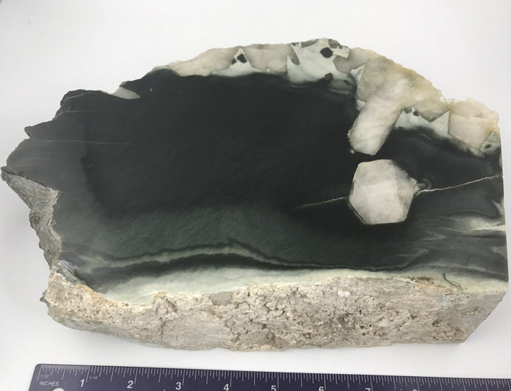 Olive Wyoming with Quartz Crystal Inclusions slab on white background showing dark green interior and quartz clusters along the upper edge.