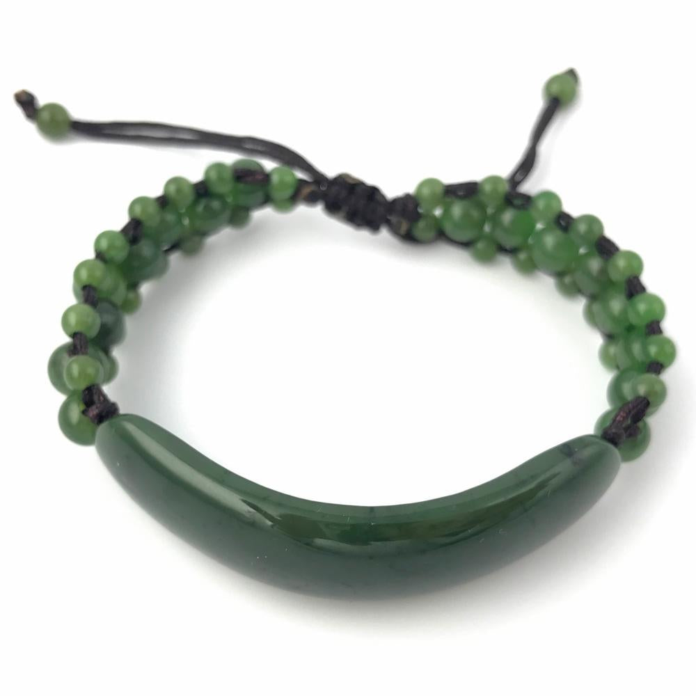 Bracelet 1833-12 beaded design with a long curved green centerpiece and adjustable black cord closure