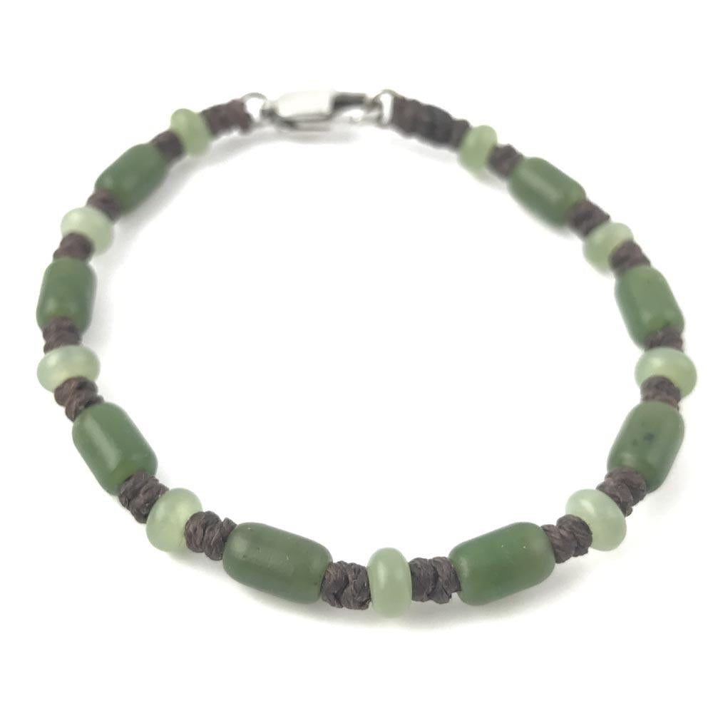 Bracelet 2243-2 with green jade beads and dark brown knotted cord and a silver clasp
