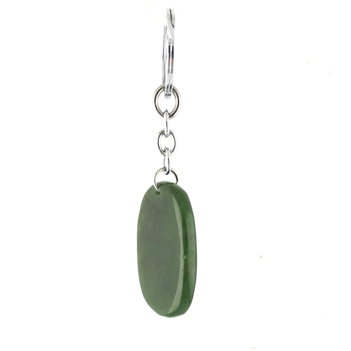 Green oval stone pendant on a silver chain keychain.