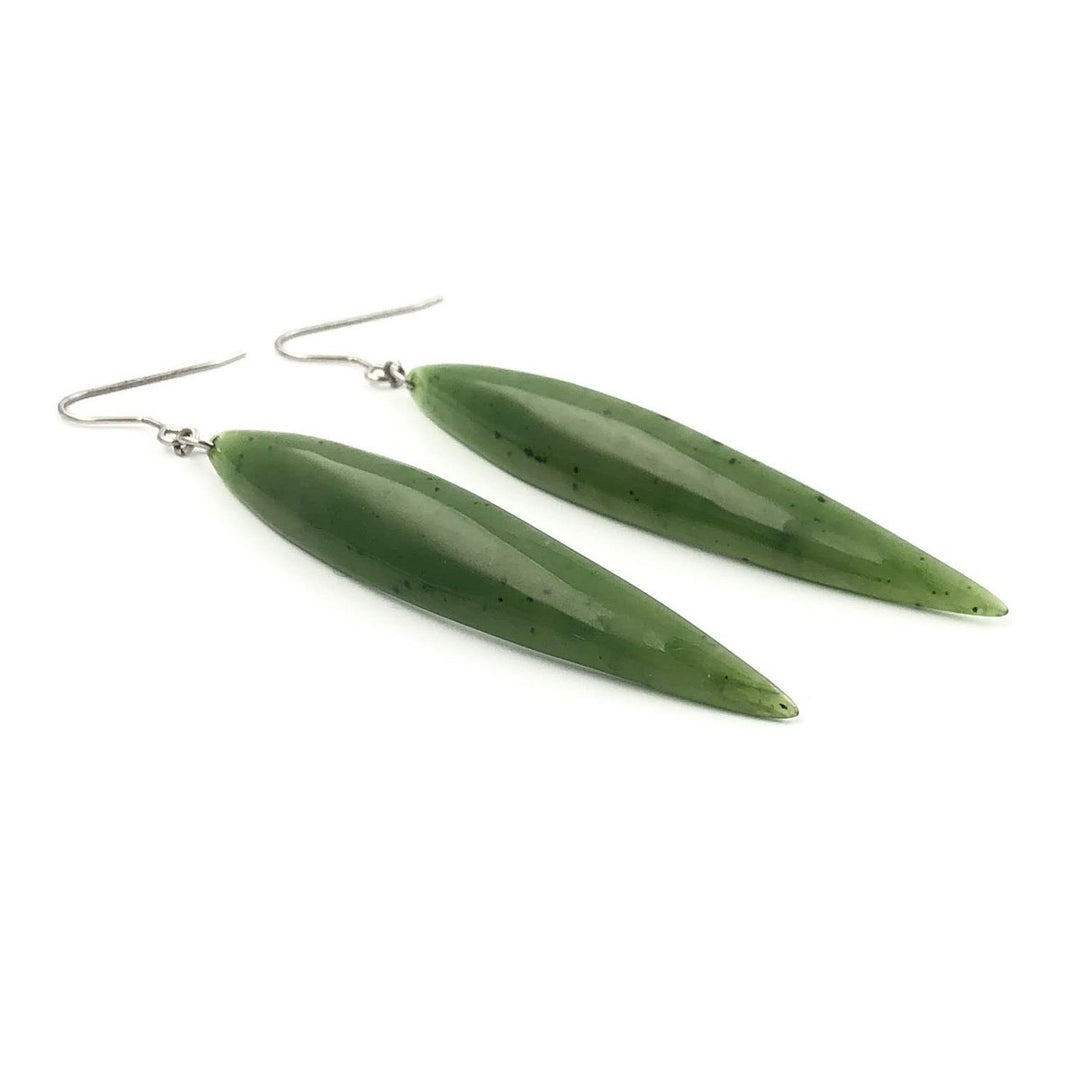 Long Dark Green Jade Earrings on silver hooks, white background