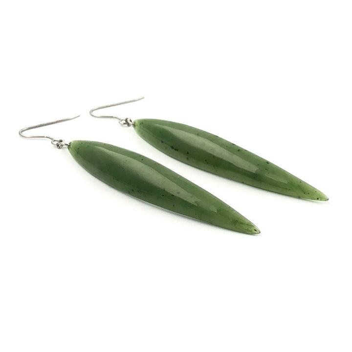 Long Dark Green Jade Earrings on silver hooks, white background