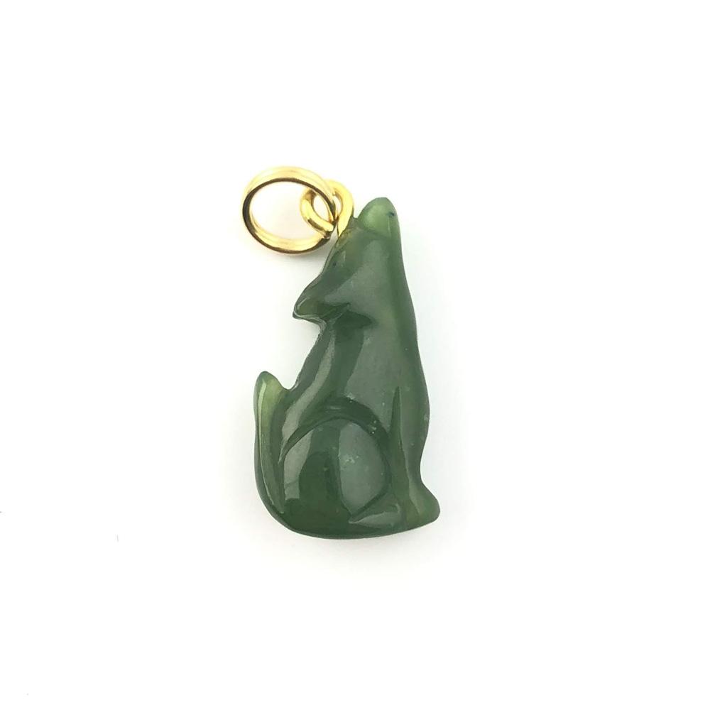Green jade wolf charm pendant with a gold loop