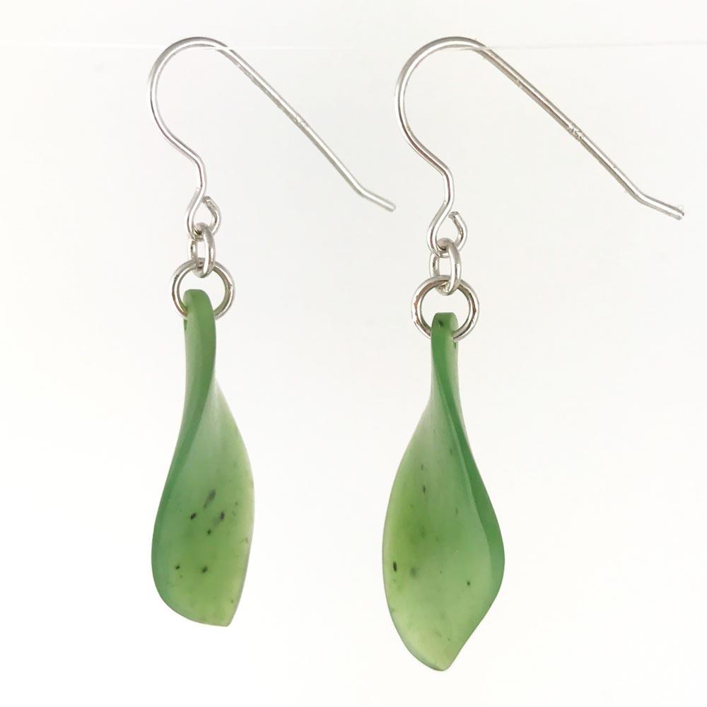 Leaf shaped green drop earrings on silver hooks