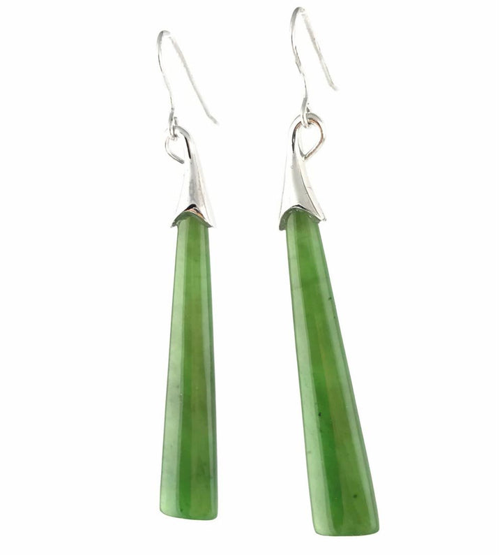 Long drop jade earrings with tapered green jade bars, silver caps and hook ear wires