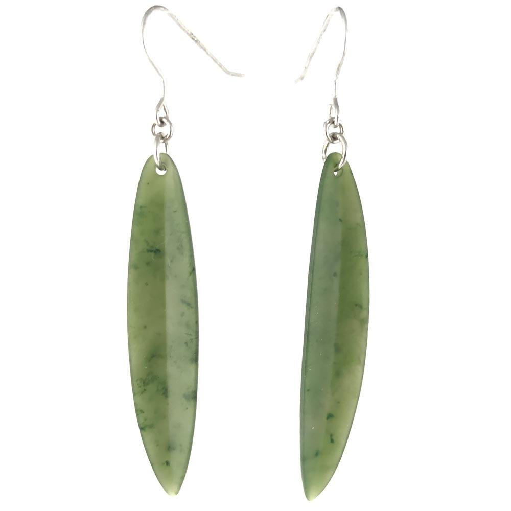 Green Jade Leaf Earrings, on silver hooks. White background