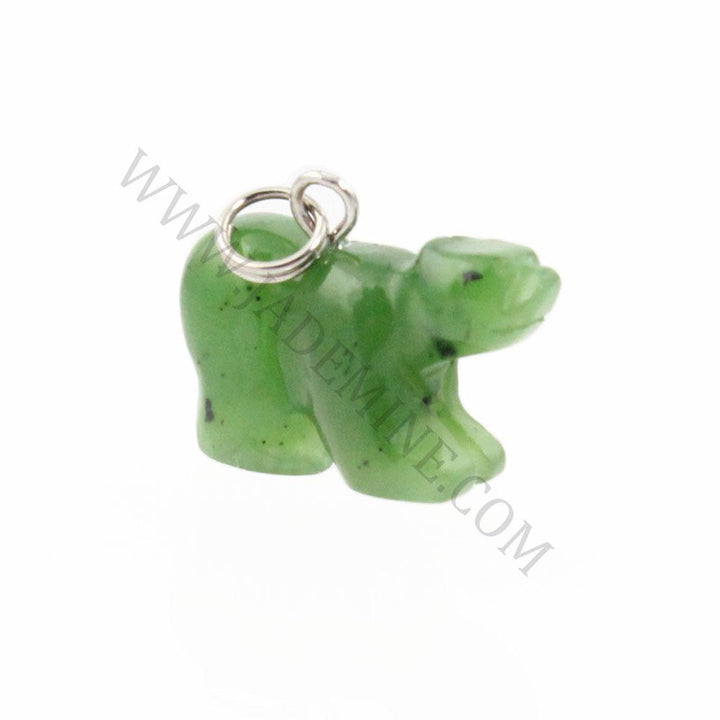 Green jade bear charm on white background with watermark jademine.com on it