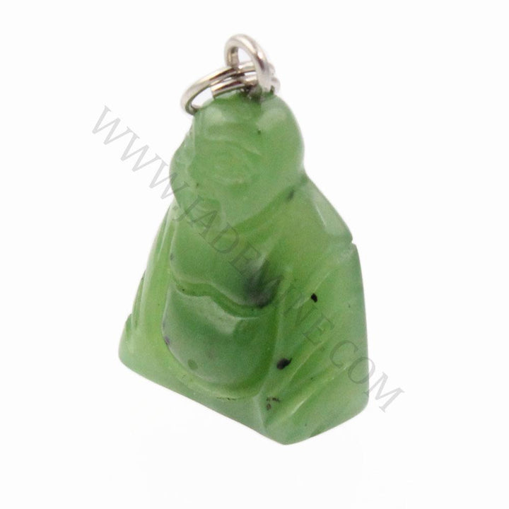 Green Buddha charm carved from stone with a metal loop for pendant