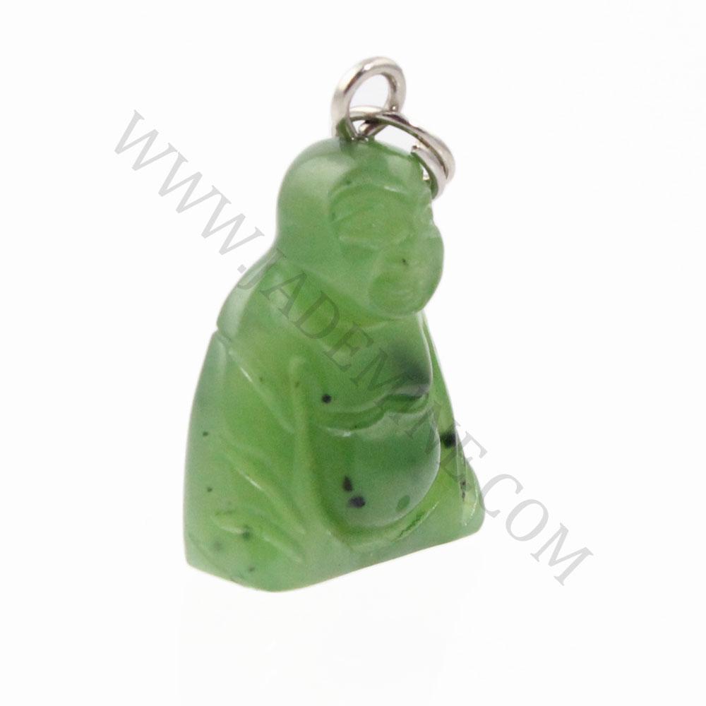 Side view of a green Buddha stone charm with a metal bail at the top
