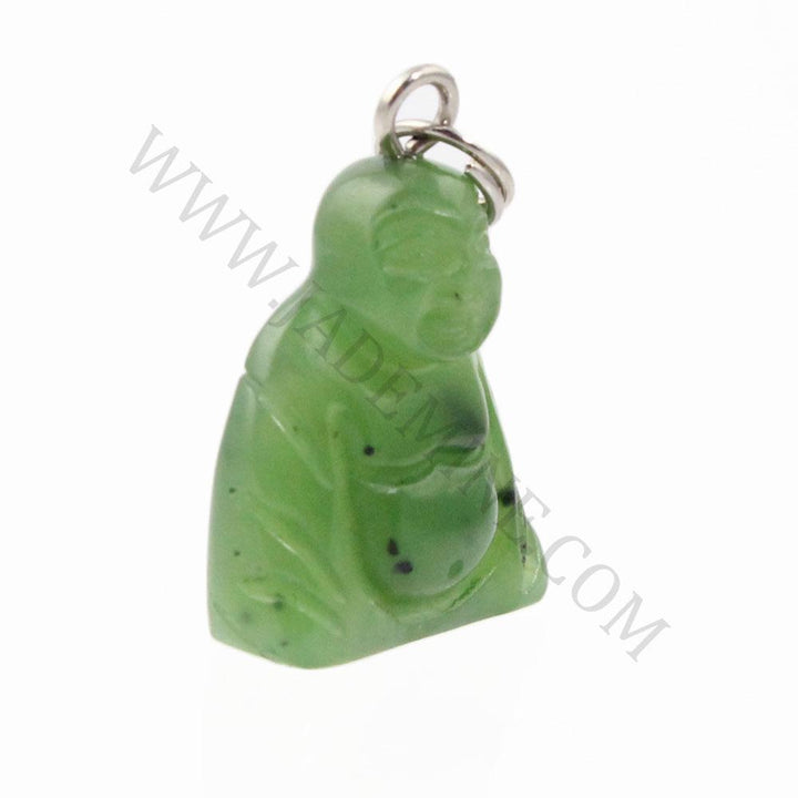 Side view of a green Buddha stone charm with a metal bail at the top