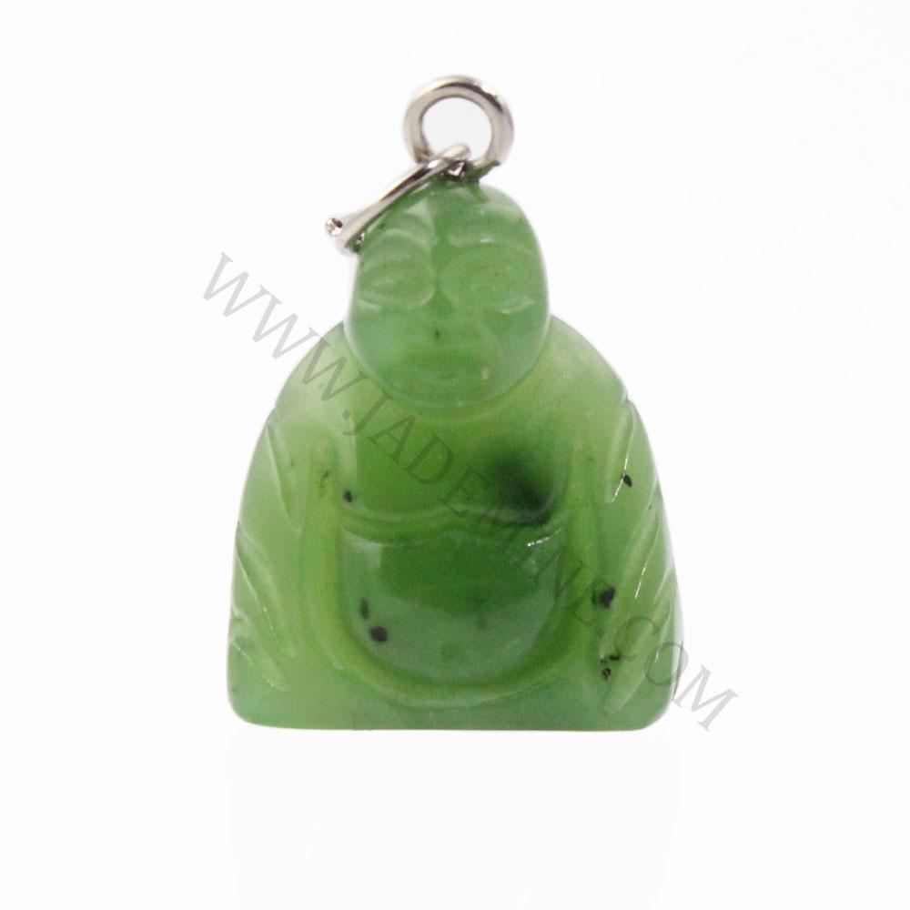 Green jade Buddha charm in seated pose with a metal loop for jewelry