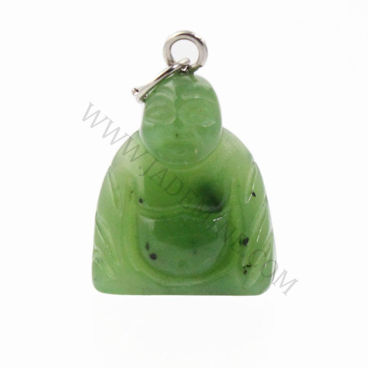 Green jade Buddha charm in seated pose with a metal loop for jewelry