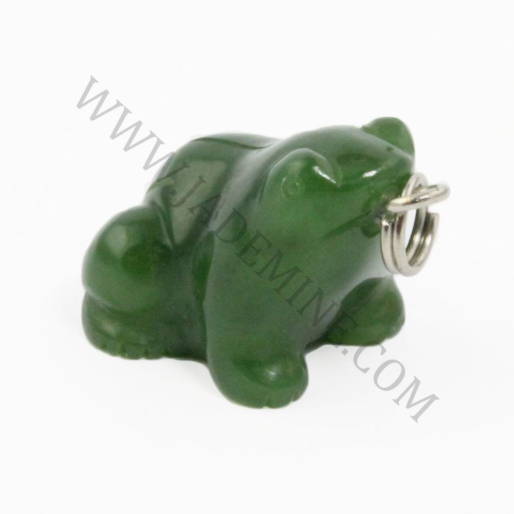 Green jade frog charm showing a silver ring attachment from a different angle