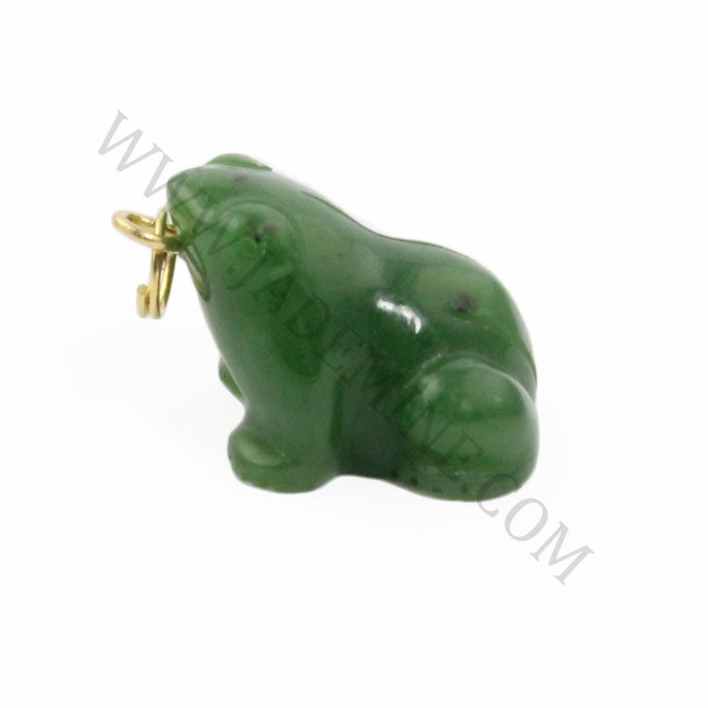 Side view of green jade frog charm with a gold jump ring for hanging
