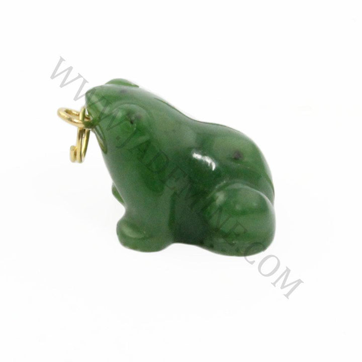 Side view of green jade frog charm with a gold jump ring for hanging