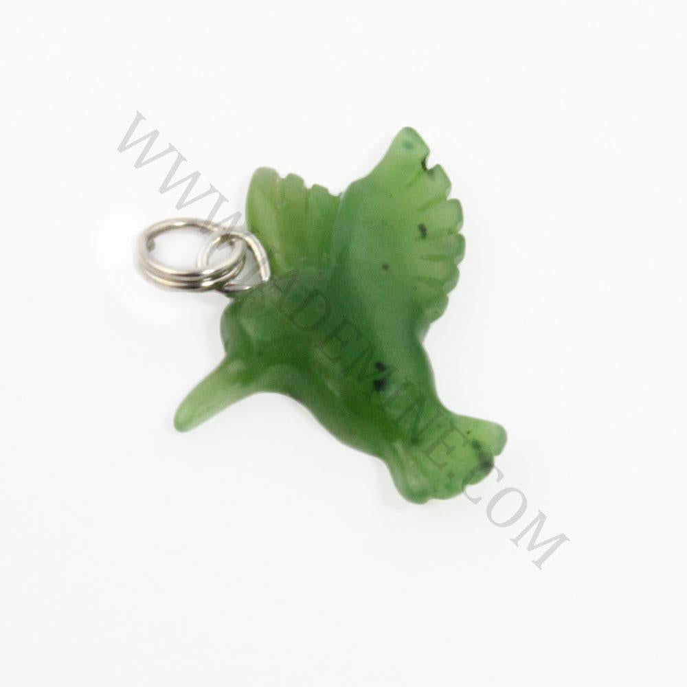 Green jade hummingbird charm with a silver attachment ring