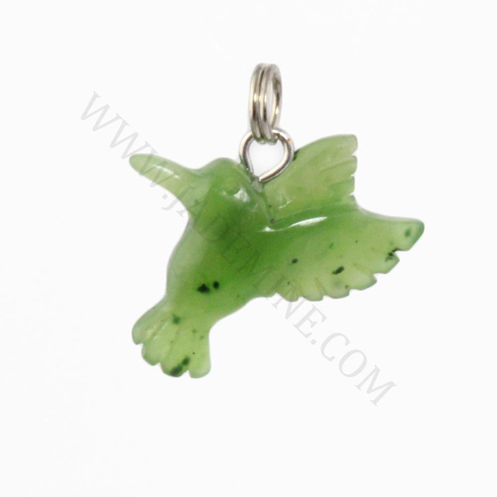 Back view of green jade hummingbird charm showing wings and the silver ring