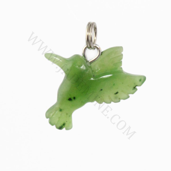 Back view of green jade hummingbird charm showing wings and the silver ring