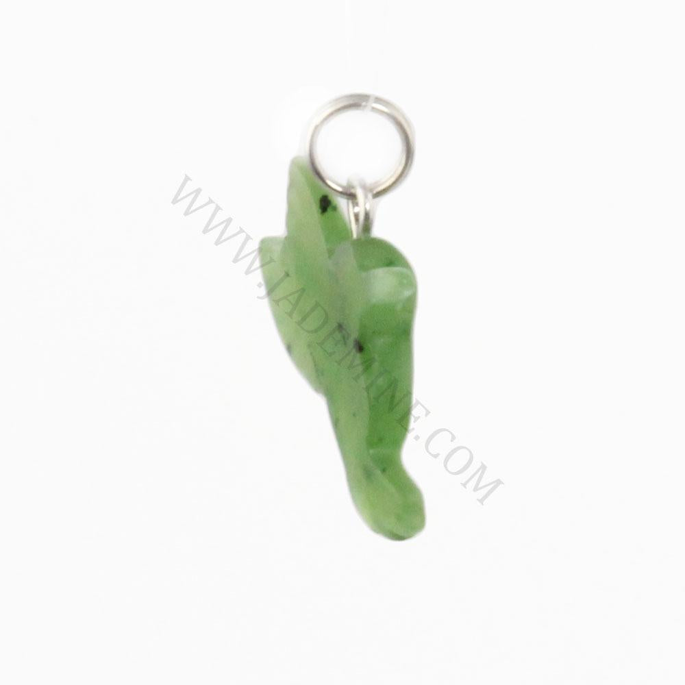 Green jade hummingbird charm with a silver attachment ring