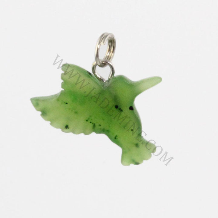 Green jade hummingbird charm pendant with a silver loop