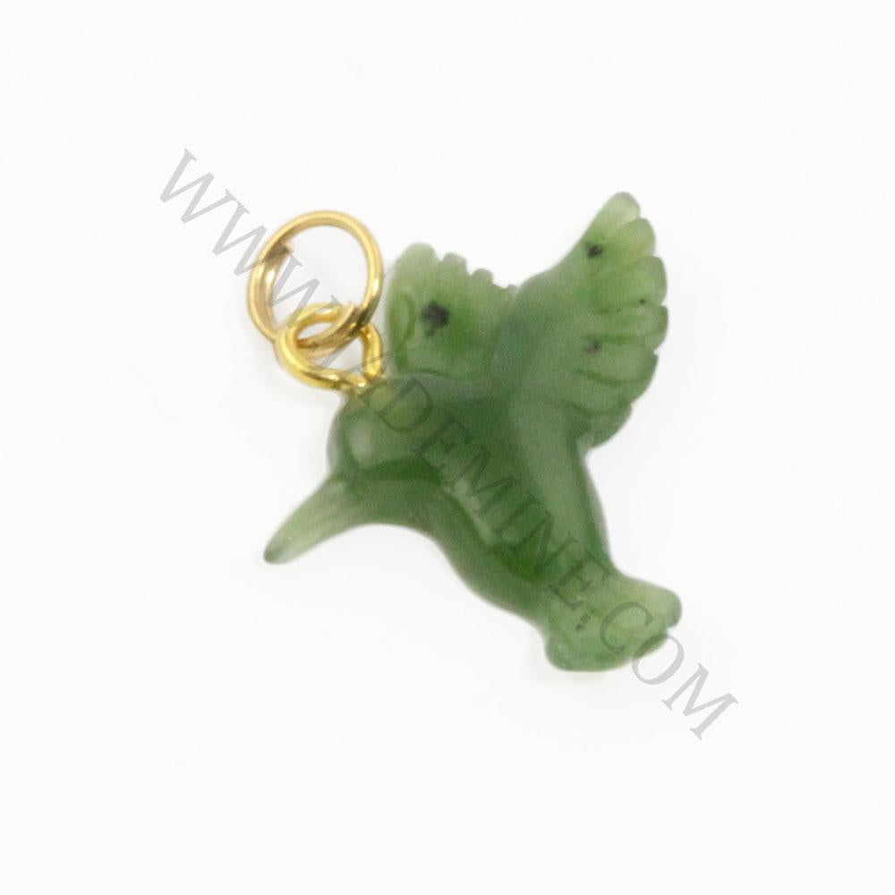 Green jade hummingbird charm with a gold attachment ring