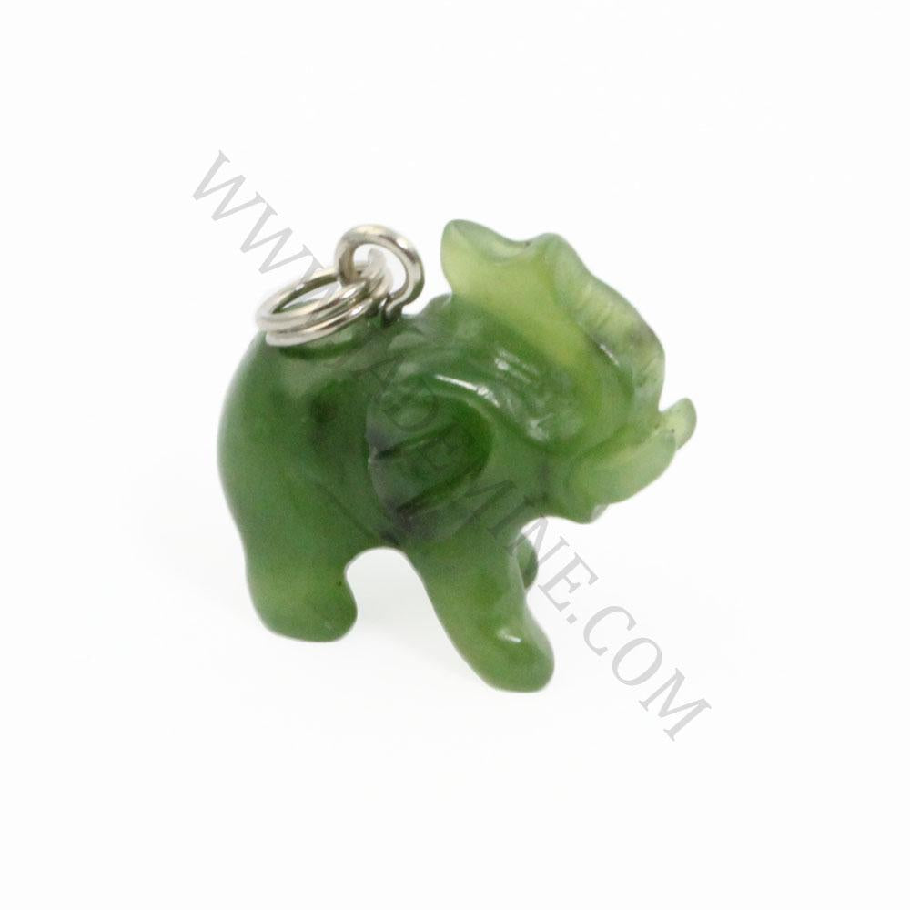 Three quarter view of green stone elephant charm with a silver attachment ring.