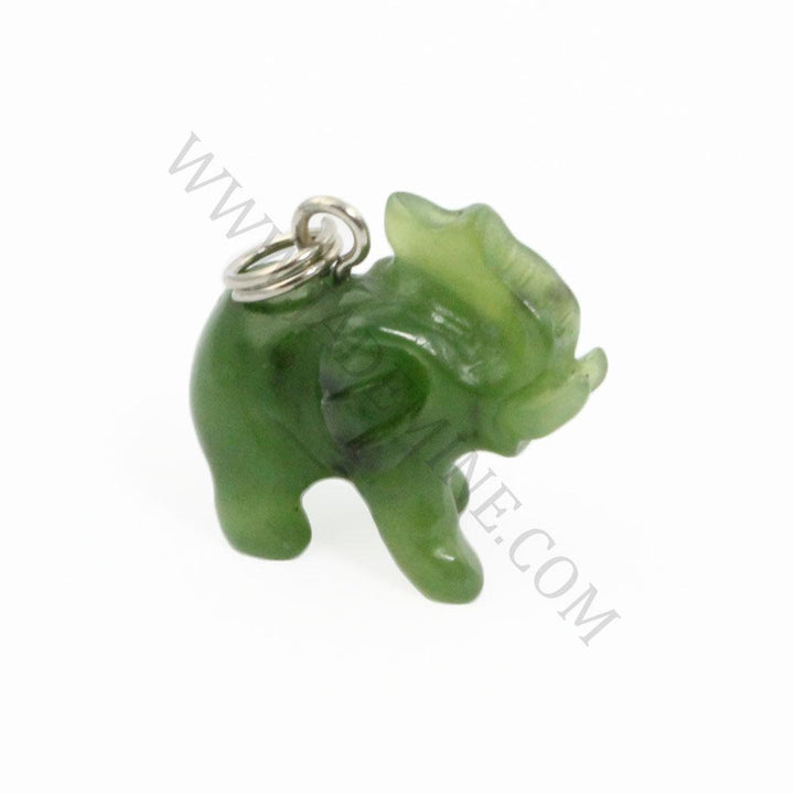 Three quarter view of green stone elephant charm with a silver attachment ring.