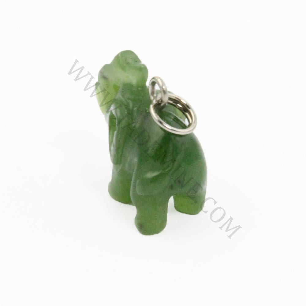 Side view of green stone elephant charm with a silver ring for attachment.