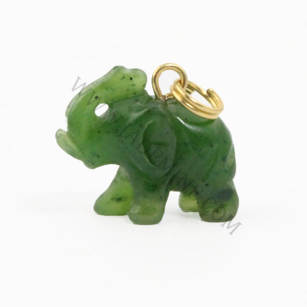 Green elephant charm carved from stone with a gold attachment loop.