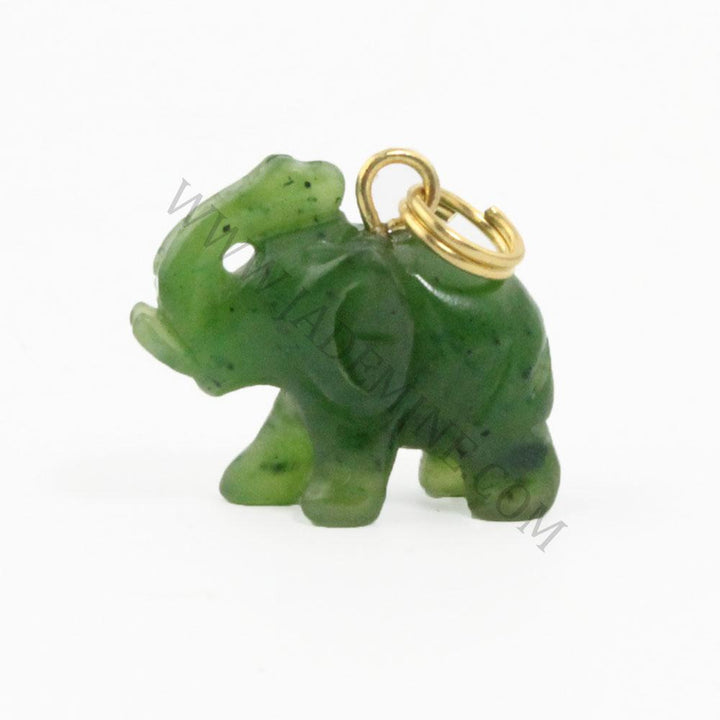Green elephant charm carved from stone with a gold attachment loop.
