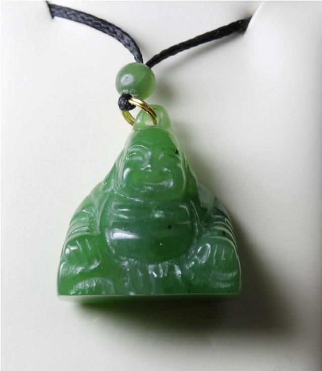 Green Jade Happy Buddha Pendant on black cord, white background